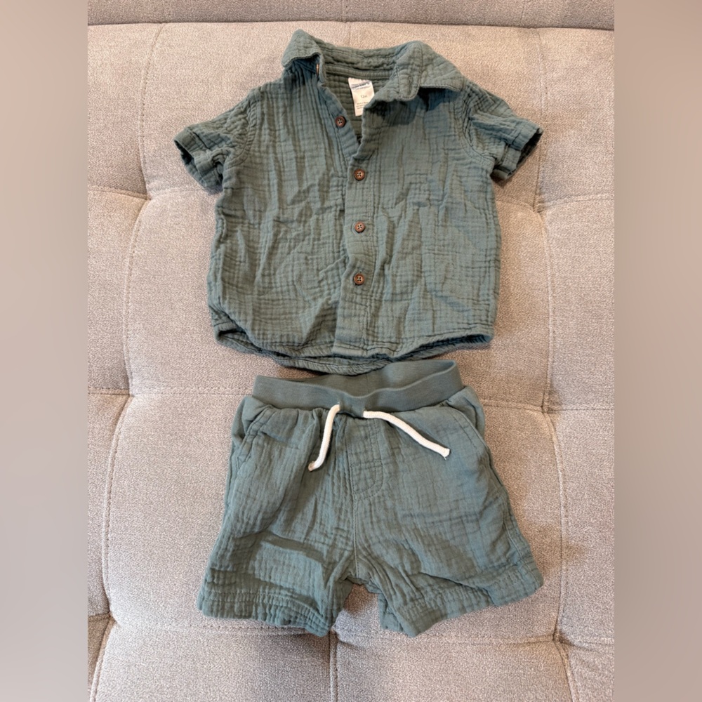 Carter's Green Cotton Gauze Short Set with Button-Front Top 12M preppy style